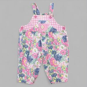 Vintage Baby Overalls Floral Pink Checkered Cotton Jumper 80s 90s Size 6-9 mo